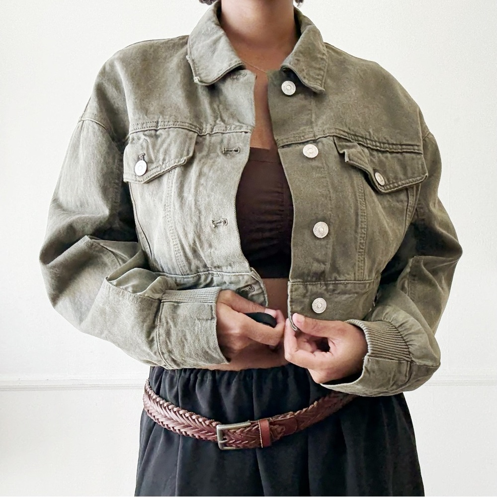 Zara green mixed fabric cropped denim bomber jacket